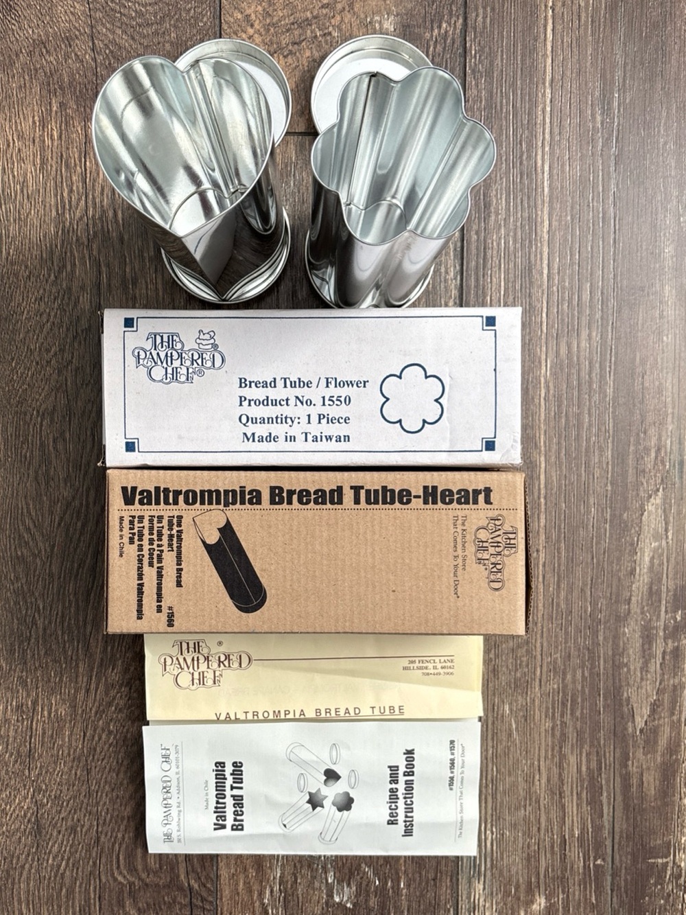 2 Pampered Chef Bread Tubes, Heart #1560 & Flower #1550 Stainless, Clean